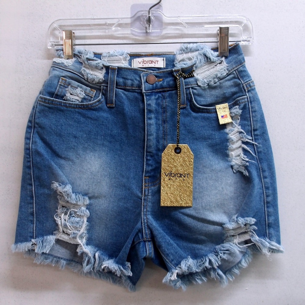Vibrant MIU Womens High Waisted Distressed Denim‎ Shorts Sz M (26"x4")/# 26219